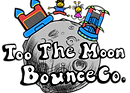 A picture of the moon with a bounce house and waterslide with kids jumping up with the text saying in front "Too The Moon Bounce Co."