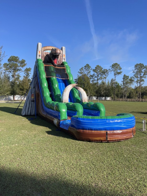 An inflatable water slide with a big dinosaur on top set up outside on sunny day.