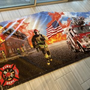 A firefighter and fire truck themed art panel in Apopka bounce Fl and Orlando bounce Fl