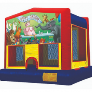 A image of a bounce house with a happy brithday sign on the front with a bunch of zoo animals surrounding a pink cake.