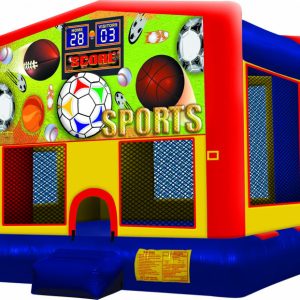 A image of a bounce house with sports art panel on the front with a score board score clock.