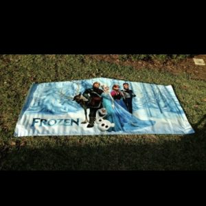 A frozen princess art panel for bounce house rentals rolled out on the ground on green grass.