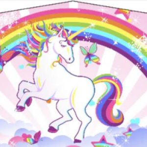 a Magical pony art panel that goes on inflatables with pink and rainbow-like design with a unicorn in the middle.