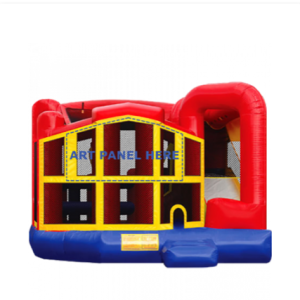 An inflatable bounce house blown up with red, yell and blue design and on front say, "add art panel here".