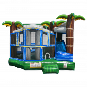 Blue Crush Bounce House tropical theme with palm trees and bright blue, green and brown colors.