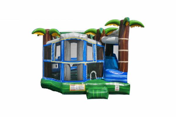 Blue Crush Bounce House tropical theme with palm trees and bright blue, green and brown colors.