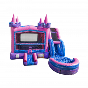 Lucky Princess Bounce House blown up with bright pink, bule and purple colors on white background.