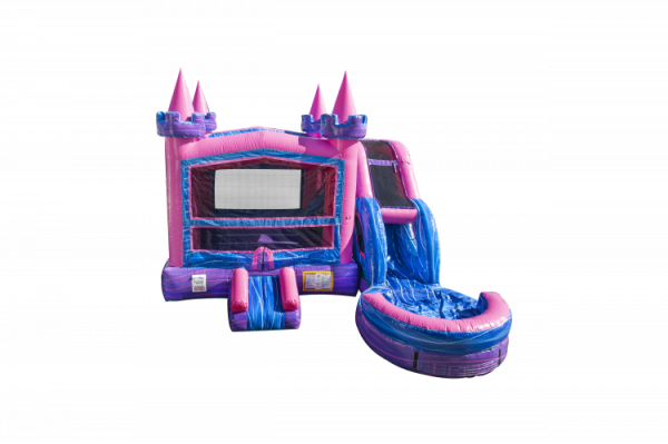 Lucky Princess Bounce House blown up with bright pink, bule and purple colors on white background.